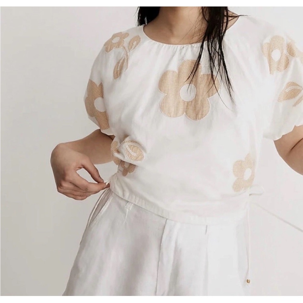 Madewell Embroidered Poplin Puff-Sleeve Cutout Crop Top Like New Small